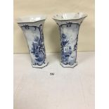 A PAIR OF LATE 19TH/EARLY 20TH CENTURY ROYAL DELFT DUTCH VASES WITH HAND PAINTED BLUE AND WHITE