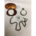 TWO SILVER CASED POCKET WATCHES WITH A SILVER ALBERT CHAIN WITH T-BAR, BOTH POCKET WATCHES WITH