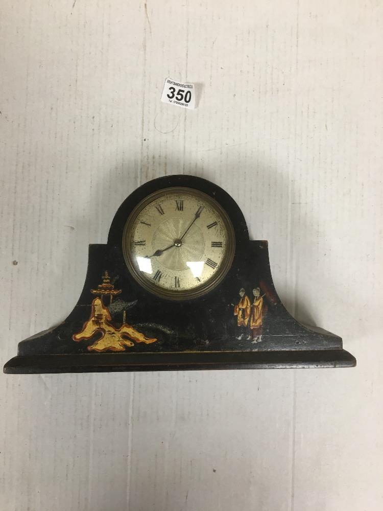 AN ORIENTAL LAQUERED WOOD MANTLE CLOCK WITH FRENCH MOVEMENT, 30CM WIDE - Image 2 of 4