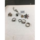 GROUP OF VINTAGE SILVER AND WHITE METAL ITEMS, INCLUDING SIX RINGS, NECKLACE AND TWO PENDANTS, TOTAL