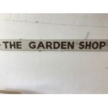 A LARGE VINTAGE WOODEN "THE GARDEN SHOP" SIGN, 150CM WIDE