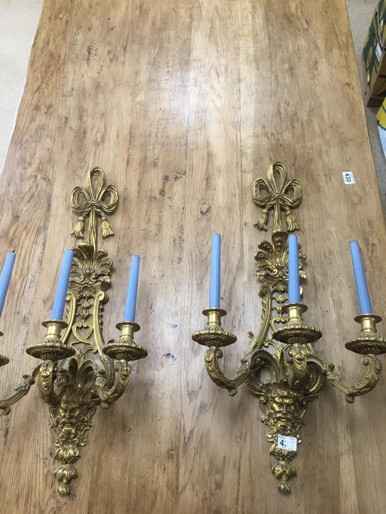 A PAIR OF GILT METAL THREE BRANCH WALL SCONCES, 80CM HIGH - Image 4 of 7