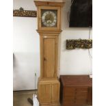 A 19TH CENTURY VICTORIAN PINE CASED GRANDFATHER CLOCK BY COLLINS OF WATTISFIELD, 30 HOUR MOVEMENT