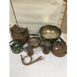 A LARGE SILVER PLATE PUNCH BOWL, 32CM DIAMETER, TOGETHER WITH TWO BRASS KETTLES ETC