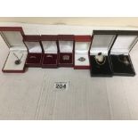 FOUR SILVER DRESS RINGS, TWO PENDANTS AND A LOCKET, ALL BOXED
