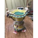A LARGE 19TH CENTURY MINTON CERAMIC MAJOLICA JARDINIERE ON STAND, IMPRESSED MARK TO BOTH PIECES,