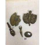 FIVE METAL COLLECTIBLE ITEMS OF WOMEN, INCLUDING A BRASS BOTTLE OPENER, DISHES ETC