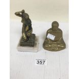 A BRONZED FIGURE OF A NUDE, RAISED UPON MARBLE BASE, 14CM HIGH, TOGETHER WITH A BRASS FIGURE OF