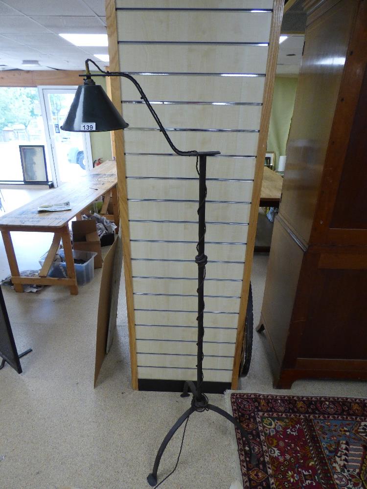 A LARGE INDUSTRIAL STYLE LIGHT ON METAL STAND, ENAMEL LIGHT SHADE, 169CM HIGH