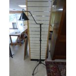 A LARGE INDUSTRIAL STYLE LIGHT ON METAL STAND, ENAMEL LIGHT SHADE, 169CM HIGH