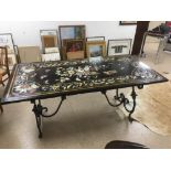 A LARGE PIETRA DURA DINING TABLE, GRANITE BASE WITH NUMEROUS DIFFERENT TYPES OF SEMI-PRECIOUS