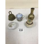 SMALL QUANTITY OF ORIENTAL CERAMICS INCLUDING A BRONZE SPILL VASE AND A HAND PAINTED BRASS HAND