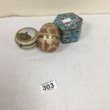 A CLOISONNE ENAMEL LIDDED BOX OF HEXAGONAL FORM, TOGETHER ENAMELED EGG AND A CONTINENTAL PORCELAIN