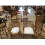 THREE WICKER CHAIRS TOGETHER WITH A SIMILAR BAR STOOL