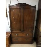 A 19TH CENTURY MAHOGANY LINEN PRESS WITH ORNATE HANDLES, 180CM BY 100CM