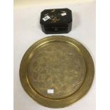 BLACK LACQUERED BOX WITH EASTERN BRASS TRAY