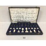 A LATE 19TH CENTURY/EARLY 20TH CENTURY CARVED IVORY CHESS SET IN ORIGINAL CASE, MADE BY IHI INDIAN