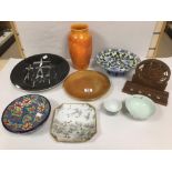 MIXED ITEMS INCLUDING A EMAUX-DE-LONGWY BOWL AND A 1916 TEAK PIPE RACK