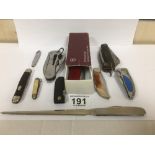 GROUP OF ASSORTED FOLDING UTILITY KNIVES, INCLUDING A VICTORIKNOX SWISS ARMY KNIFE IN ORIGINAL BOX