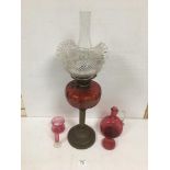 VICTORIAN CRANBERRY COLUMN GLASS OIL LAMP WITH RED MARK 13667 WITH 4 PIECES OF VICTORIAN CRANBERRY