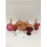 PINK GLASS ART DECO STYLE DRESSING TABLE SET WITH CRANBERRY GLASS PIECES