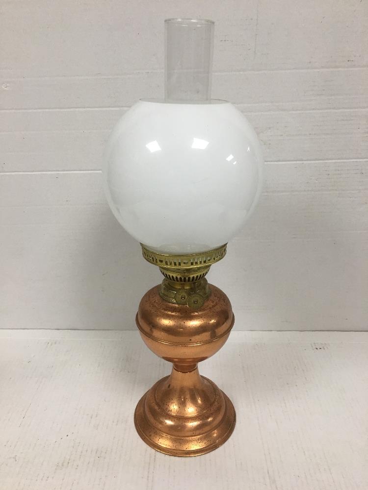 COPPER OIL LAMP BY DUPLEX WITH ONE OTHER ALSO BRASS CANDLE LAMP - Image 3 of 5