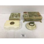 GREEN ONYX ITEMS, LIGHTER, ASHTRAY AND CIGARETTE BOX