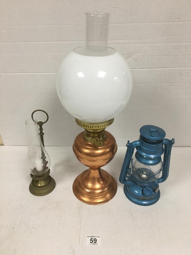 COPPER OIL LAMP BY DUPLEX WITH ONE OTHER ALSO BRASS CANDLE LAMP