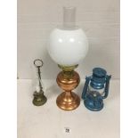 COPPER OIL LAMP BY DUPLEX WITH ONE OTHER ALSO BRASS CANDLE LAMP