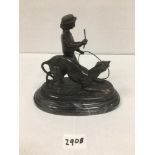 A BRONZE FIGURE GROUP DEPICTING A CHILD PLAYING AND A SNARLING GREYHOUND, SIGNED TO BASE "BARRIE",