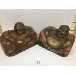 TWO CARVED WOODEN FIGURES OF LAUGHING BUDDHA'S IN SEATED POSITIONS