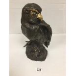 A LARGE BRONZE FIGURE OF AN OWL WITH GILT DETAILING, 41CM HIGH