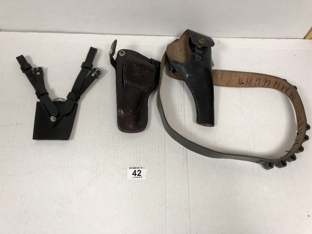 2 LEATHER HOLSTERS AND BELT ONE HOLSTER FROM DON HUME MIAMI