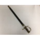 A 5-BALL PATTERN BRASS HANDLED BAYONET, LEATHER SCABBARD, 74CM LONG