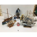 4 WOODEN FISHING BOAT MODELS WITH 3 FISHERMAN MODELS