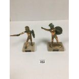A PAIR OF MID CENTURY GREEK BRONZE FIGURES OF ACHILLES, RAISED UPON MARBLE BASE, 17CM HIGH