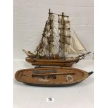 TWO WOODEN MODEL BOATS