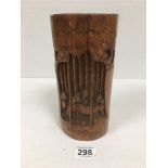 A CHINESE BAMBOO BRUSH POT WITH CARVED DECORATION THROUGHOUT, 23.5CM HIGH