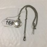 A SILVER WATCH CHAIN WITH FOB AND T-BAR, 41G