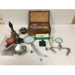 MIXED ITEMS INCLUDING COMPASSES BRASS BELL AND SEWING AND MAGNIFIERS