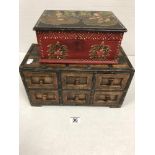 2 WOODEN STORAGE BOXES ONE A SIX DRAW PIECE WITH METAL BOUNDING ALSO HAND PAINTED BOX WITH SEATED