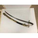 AN 18TH CENTURY STYLE RUSSIAN HUSSAR OFFICER'S PATTERN SABRE WITH BRASS MOUNTED LEATHER SCABBARD,