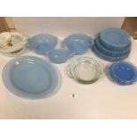 QUANTITY OF PHOENIX BLUE GLASS KITCHEN WARE, INCLUDING PLATES, BOWLS AND TUREENS