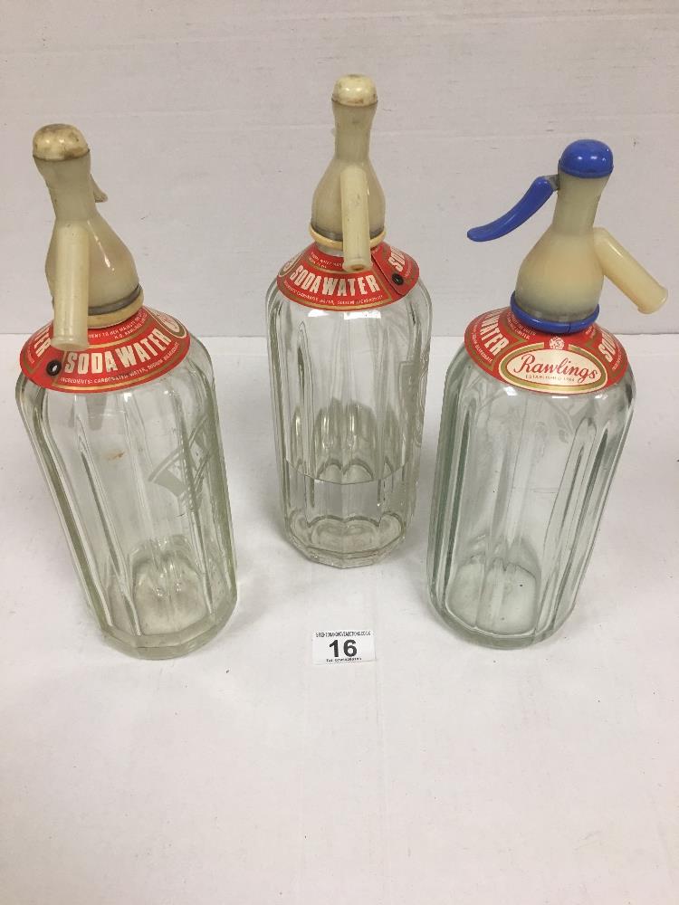 THREE VINTAGE RAWLINGS GLASS SODA SIPHONS