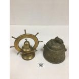 A MIDDLE EASTERN HEAVY LIDDED BRONZE STORAGE VESSEL WITH SINGLE SWING HANDLE TO THE TOP, 14CM