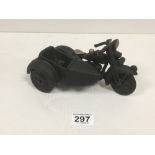 A VINTAGE CAST IRON MODEL OF A MOTORCYCLE WITH SIDE CAR, 20CM LONG