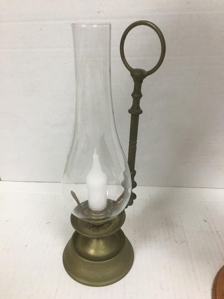 COPPER OIL LAMP BY DUPLEX WITH ONE OTHER ALSO BRASS CANDLE LAMP - Image 2 of 5