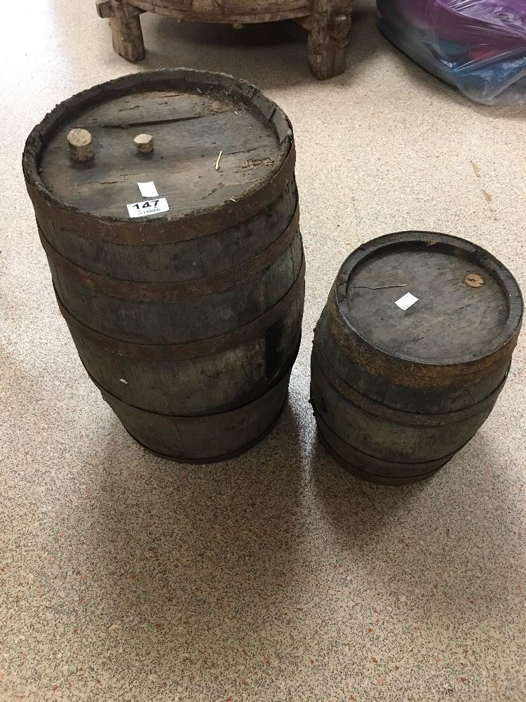 TWO VINTAGE FRENCH WOODEN BARRELS LARGEST 48 CMS