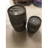 TWO VINTAGE FRENCH WOODEN BARRELS LARGEST 48 CMS