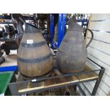 TWO FRENCH VINTAGE WOOD AND METAL BOUND JUGS 48 CM